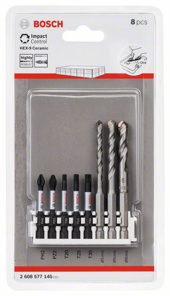 3165140881753-1 Hex-9 Ceramic 5,6,8mm; Impact Power bit 50mm PH2, PZ2, T20, T25, T30 Bosch 2608577145