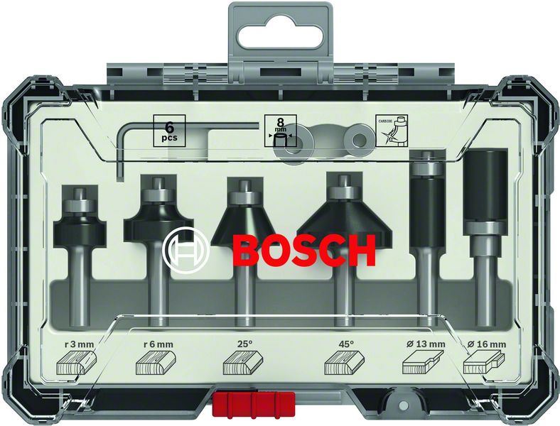 3165140958004-1 Komplet glodala, 6 komada, Trim&Edging držač od 8 mm Bosch 2607017469, 6-piece Trim i Edging Router Bit Set.